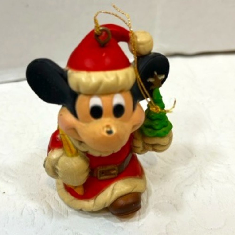 VTG Disney Santa Mickey Mouse w/Toy Sack & Tree Christmas Ornament 2.5"